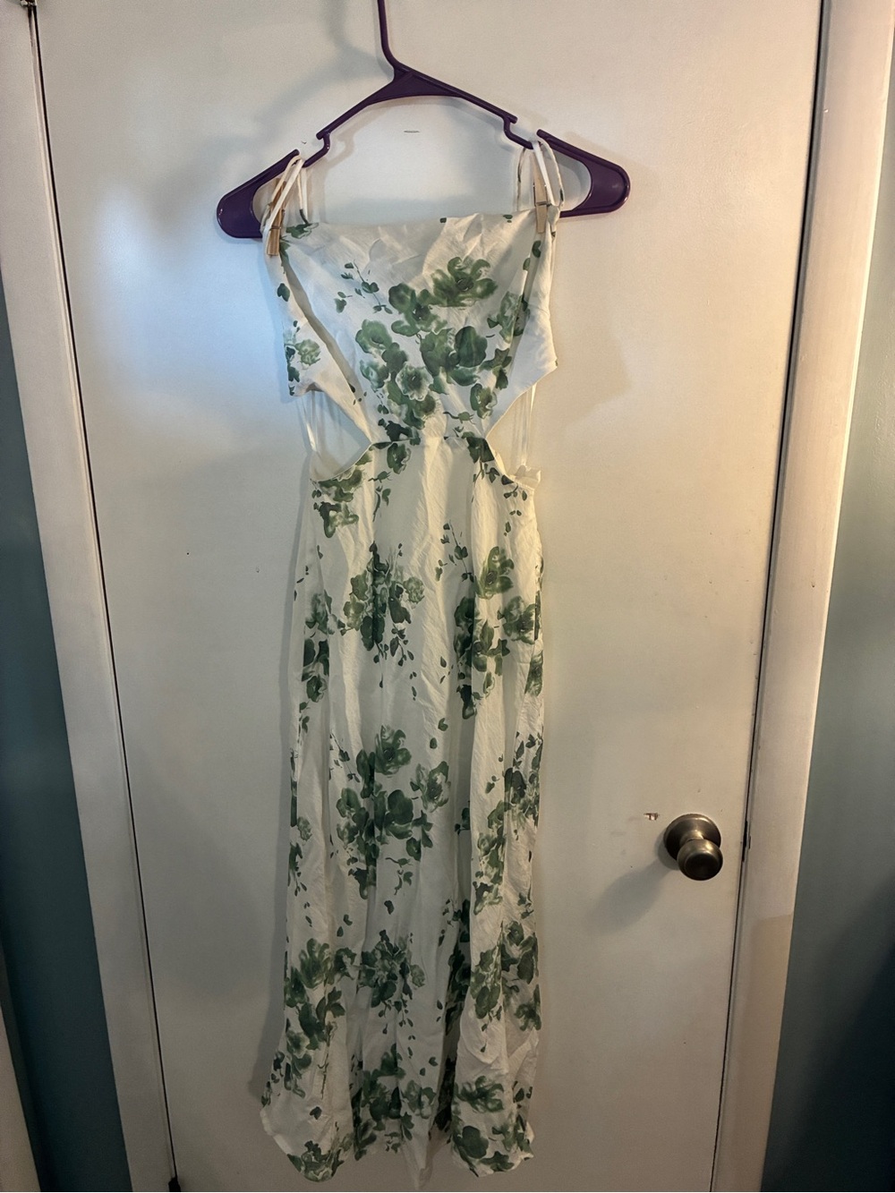 Hello Molly White Maxi Dress with Green Floral Print and Cutouts